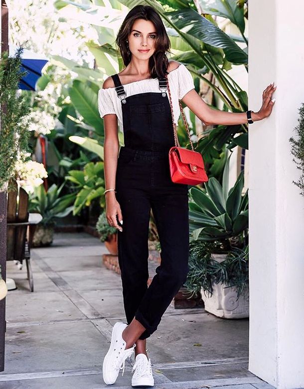 4. off shoulder top with denim overalls and sneakers